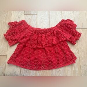 Free People Red off shoulder ruffle‎ eyelet top size S boho indie cowgirl